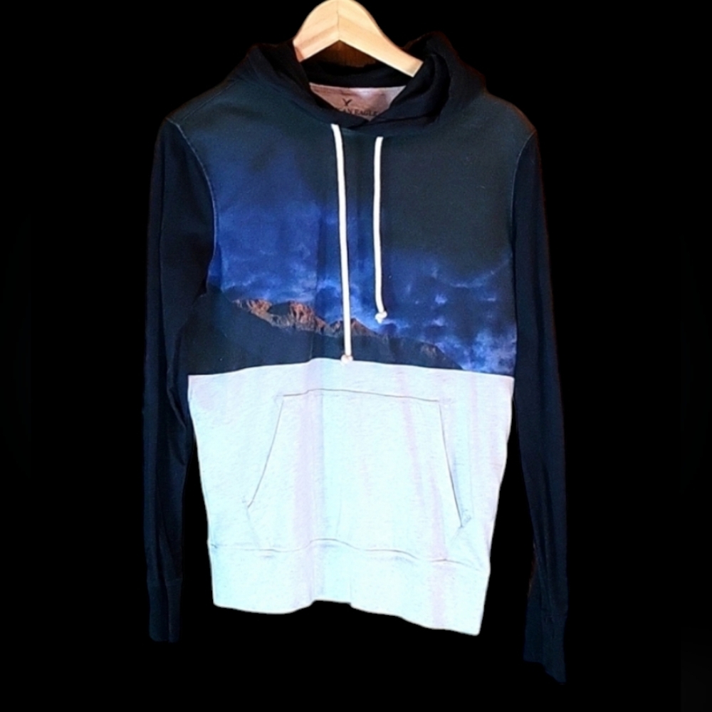 American Eagle Men's Extra Small Pullover Graphic Hoodie, Lightweight, Gray Blue